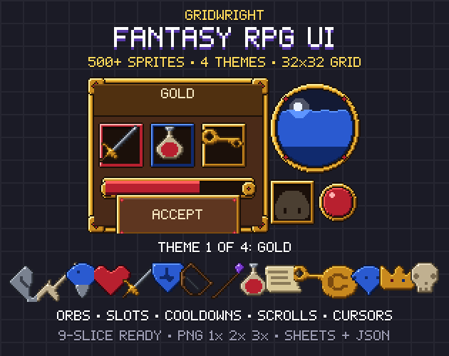 Gridwright Fantasy RPG UI: 32x32 Pixel Art GUI, Ornate (500+ sprites, 4 themes) — image 1