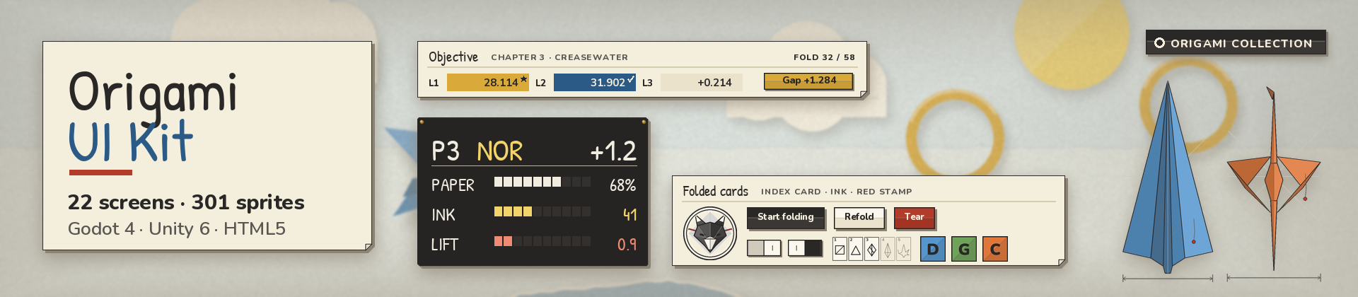 Origami UI Kit - HUD + Strategy - 22 Screens - Godot, Unity, HTML5