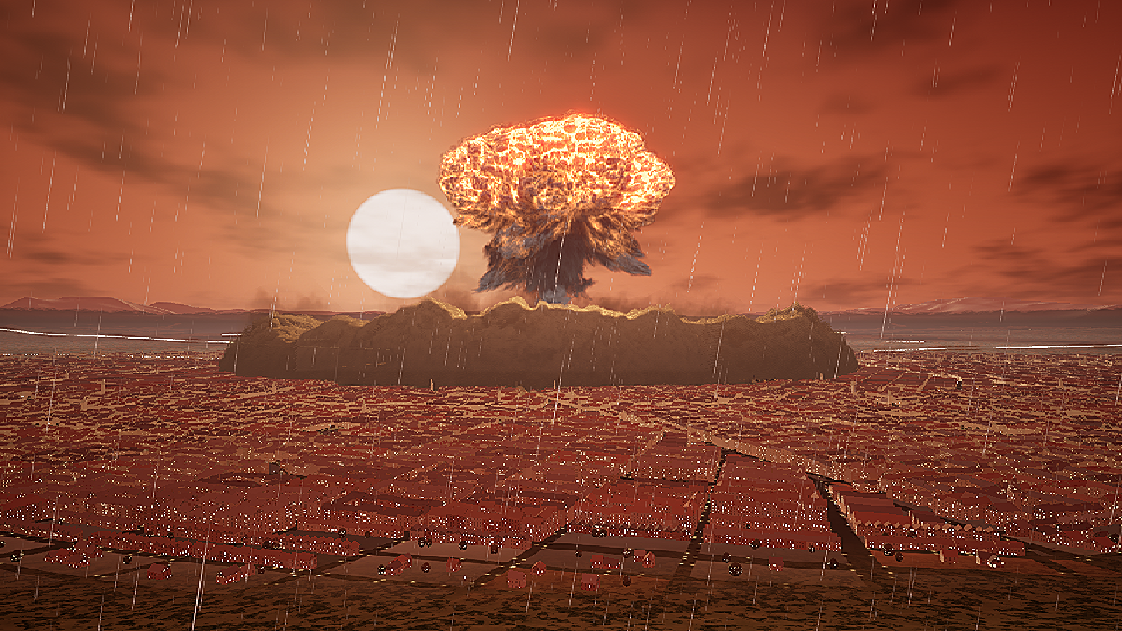 An apocalyptic landscape beneath a burning sky