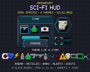 Gridwright Sci-Fi HUD: 32x32 Pixel Art GUI, Radar, Reticles (650+ sprites, 4 themes)