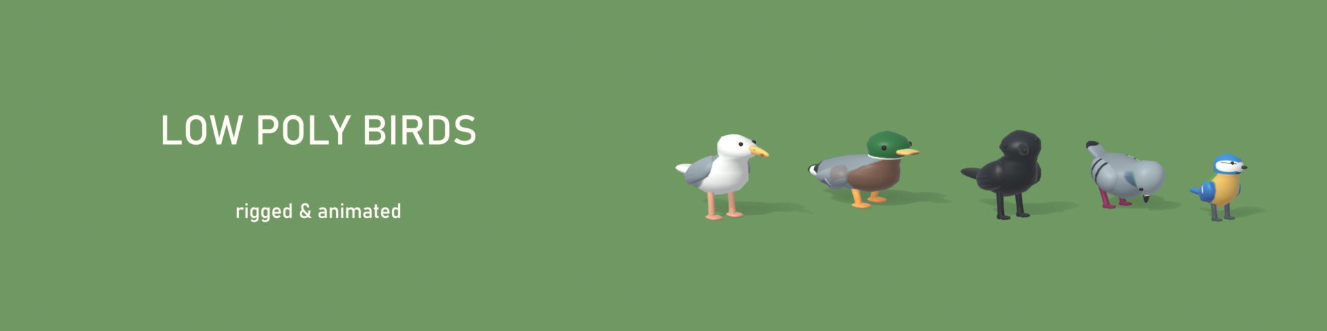 Low Poly Birds: Seagull, Mallard, Crow, Pigeon & Blue Tit