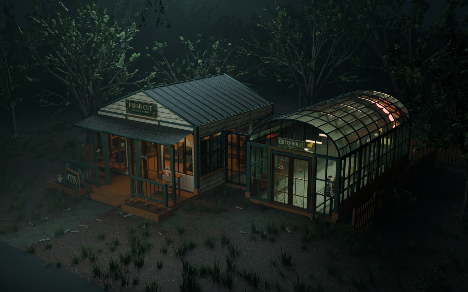 Expanded nursery with curved greenhouse and gilded doors