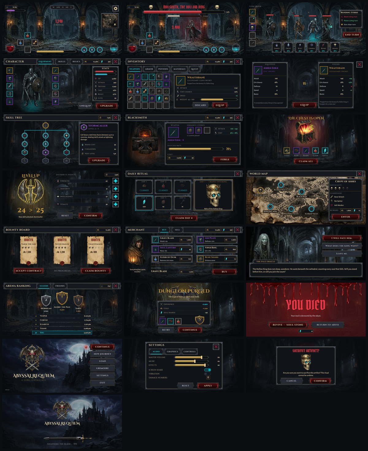 All 21 screens of the Obsidian Gothic dark fantasy RPG UI kit