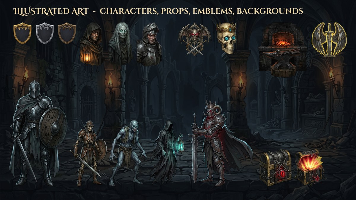 Knight hero, skeleton, ghoul, wraith, boss, portraits, chests, forge and emblems