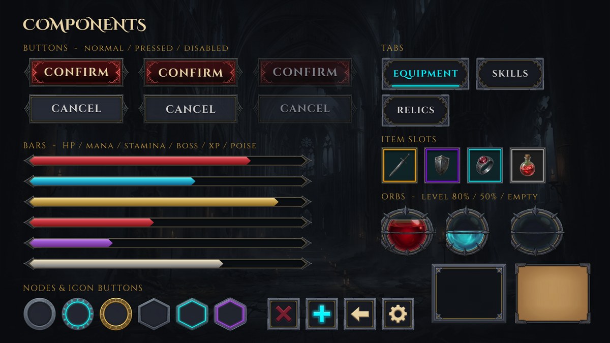 Gothic buttons, tabs, HP mana stamina bars, rarity item slots, orbs and skill nodes
