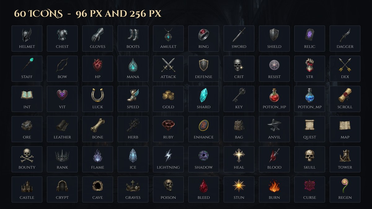 60 dark fantasy RPG icons: weapons, armor, potions, runes, keys, skulls
