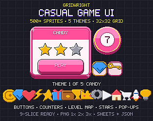 Gridwright Casual Game UI: 32x32 Pixel Art GUI for Mobile & Cozy Games (500+ sprites, 5 themes)