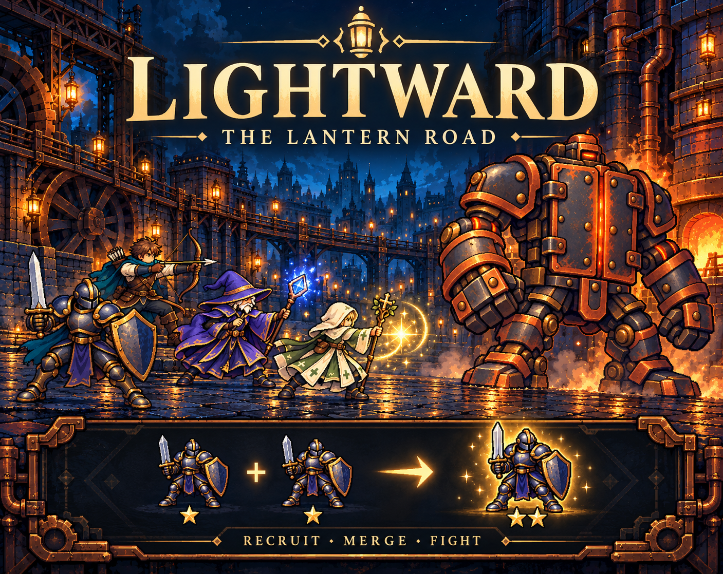 Lightward cover illustration: a four-hero party faces the copper automaton; two one-star Guards merge into a two-star Guard.