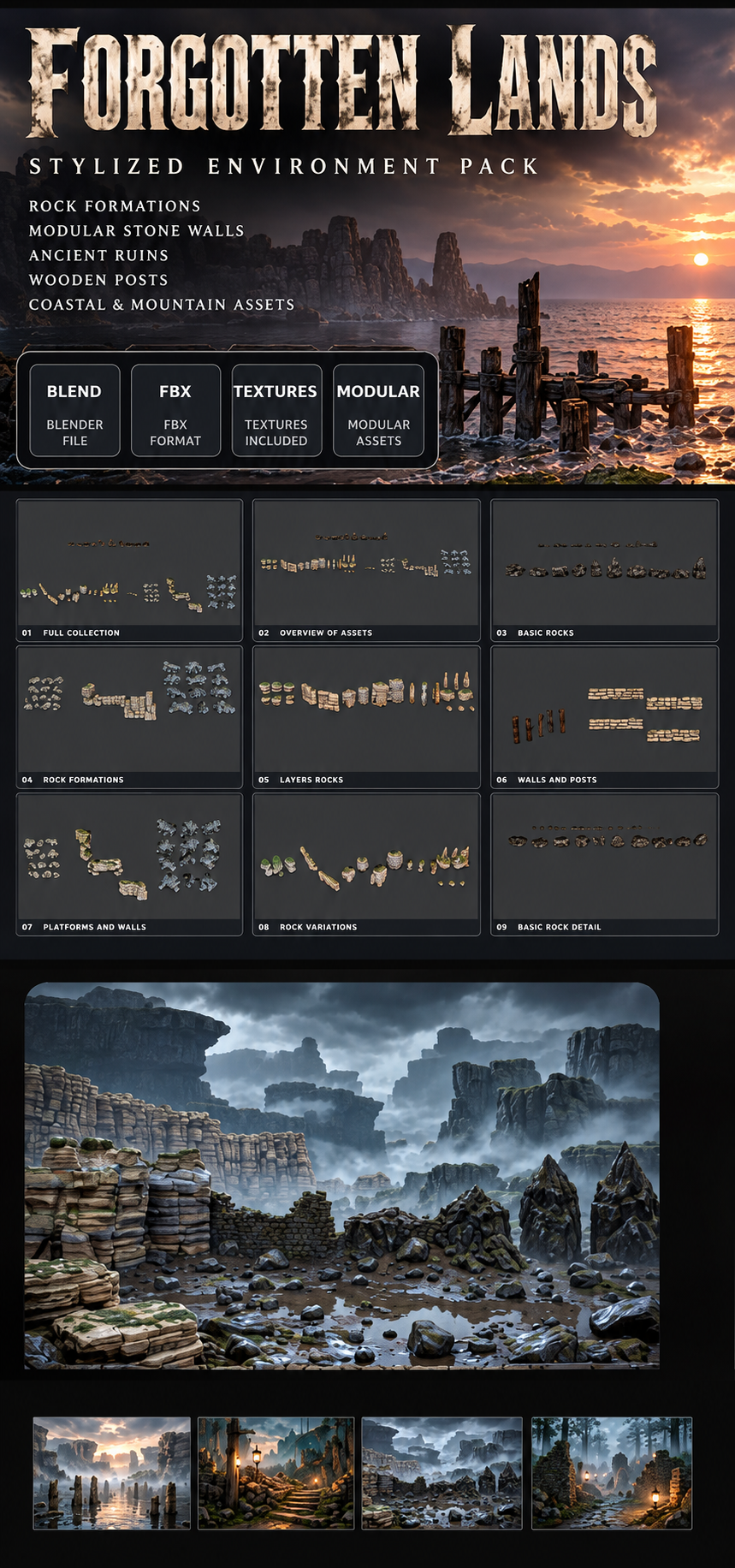 FORGOTTEN LANDS/Rock Formations · Modular Stone Walls · Ancient Ruins · Wooden Posts