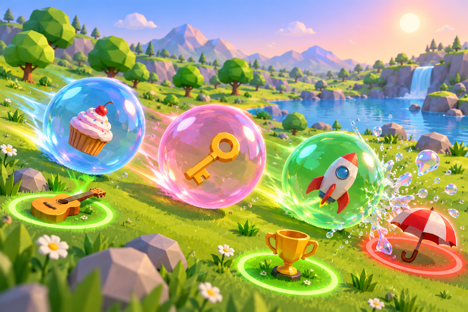 Bubblers rolling across the meadow absorbing items