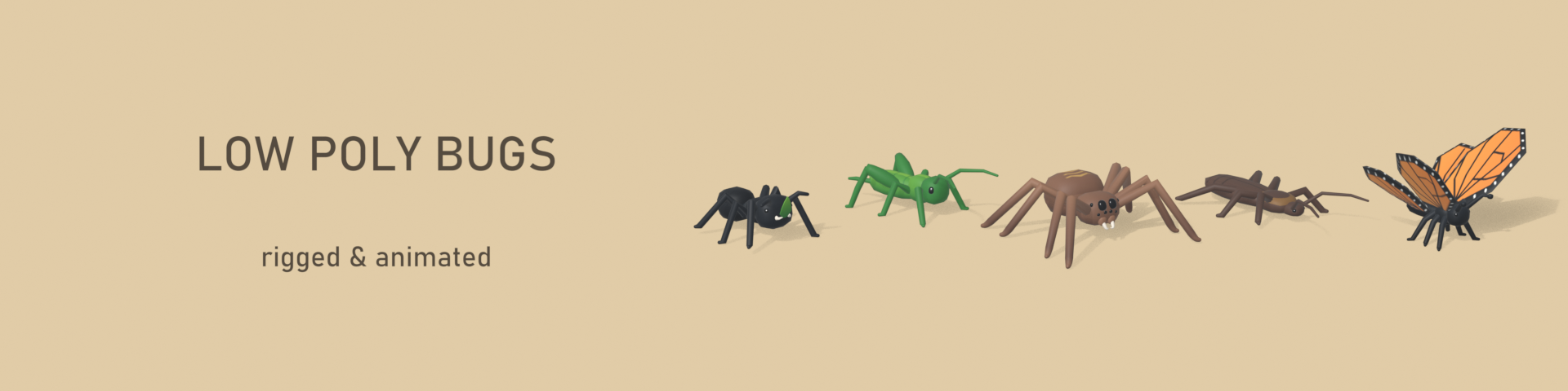 Low Poly Bugs: Ant, Cockroach, Cricket, Spider & Butterfly