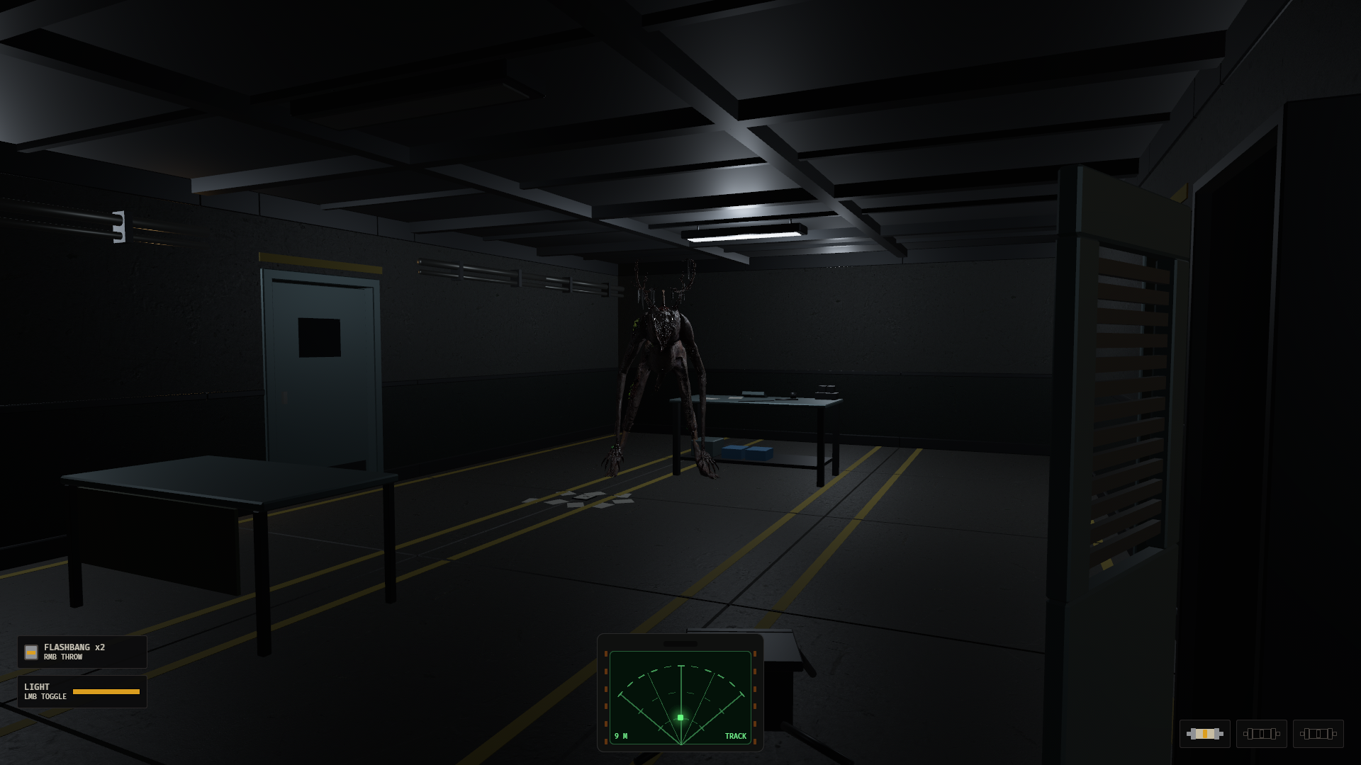 The creature stalks an assembly room as the player's detector tracks it