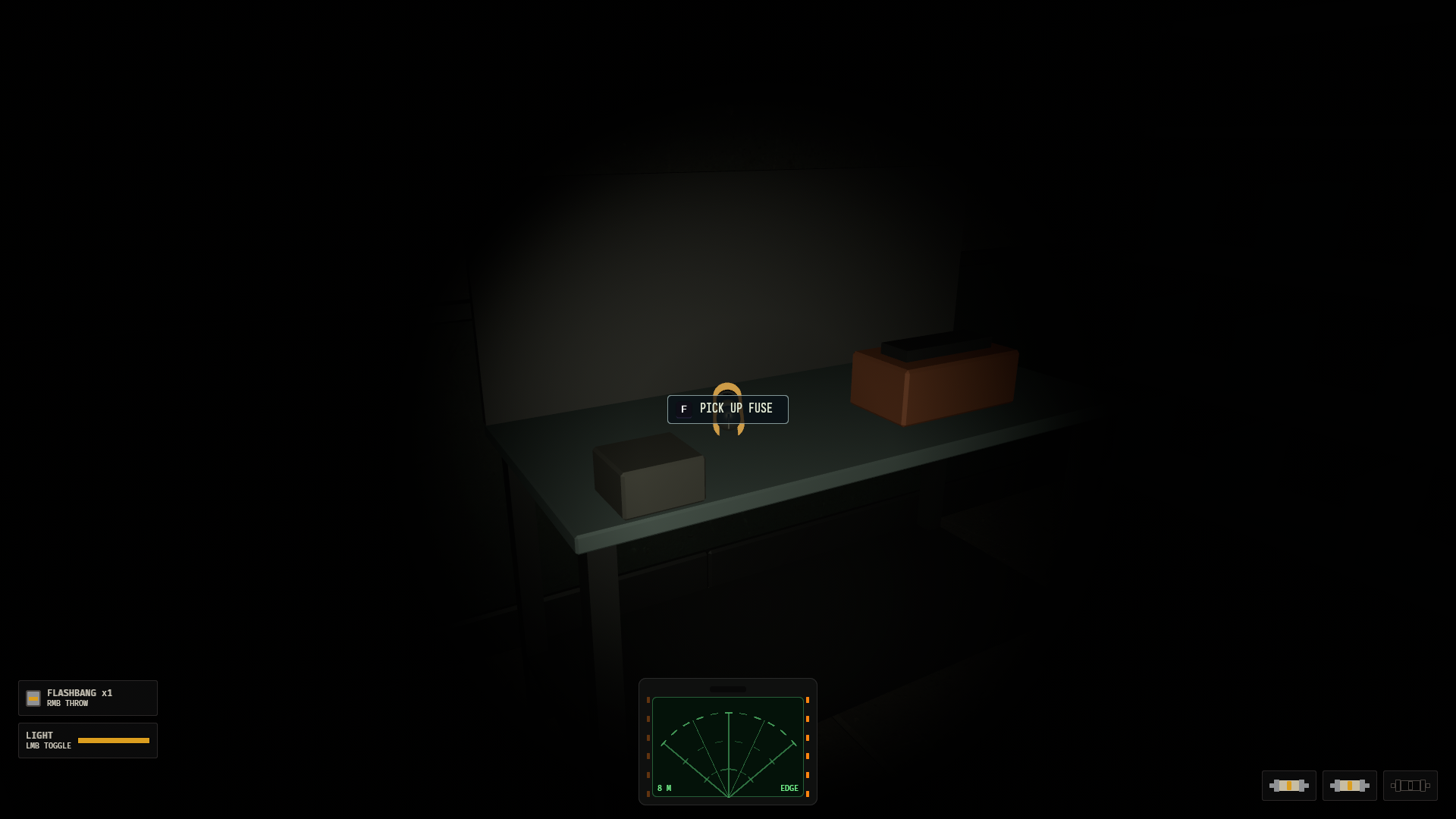 A fuse lies on a table in a dark room, ready to pick up