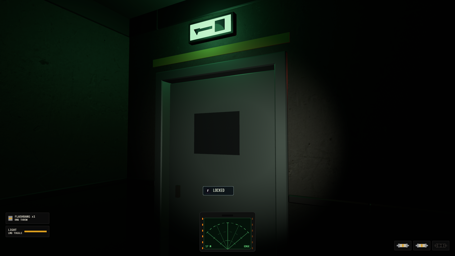 The facility exit remains locked while the player's detector and fuse inventory are visible