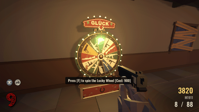The Lucky Wheel spinning down and stopping on Saint Nick