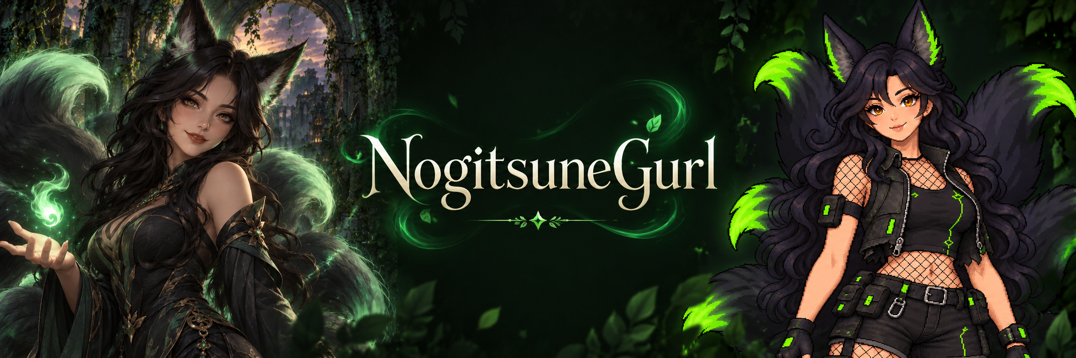 NogitsuneGurl &mdash; illustrated emerald fox and neon-green pixel fox character artwork