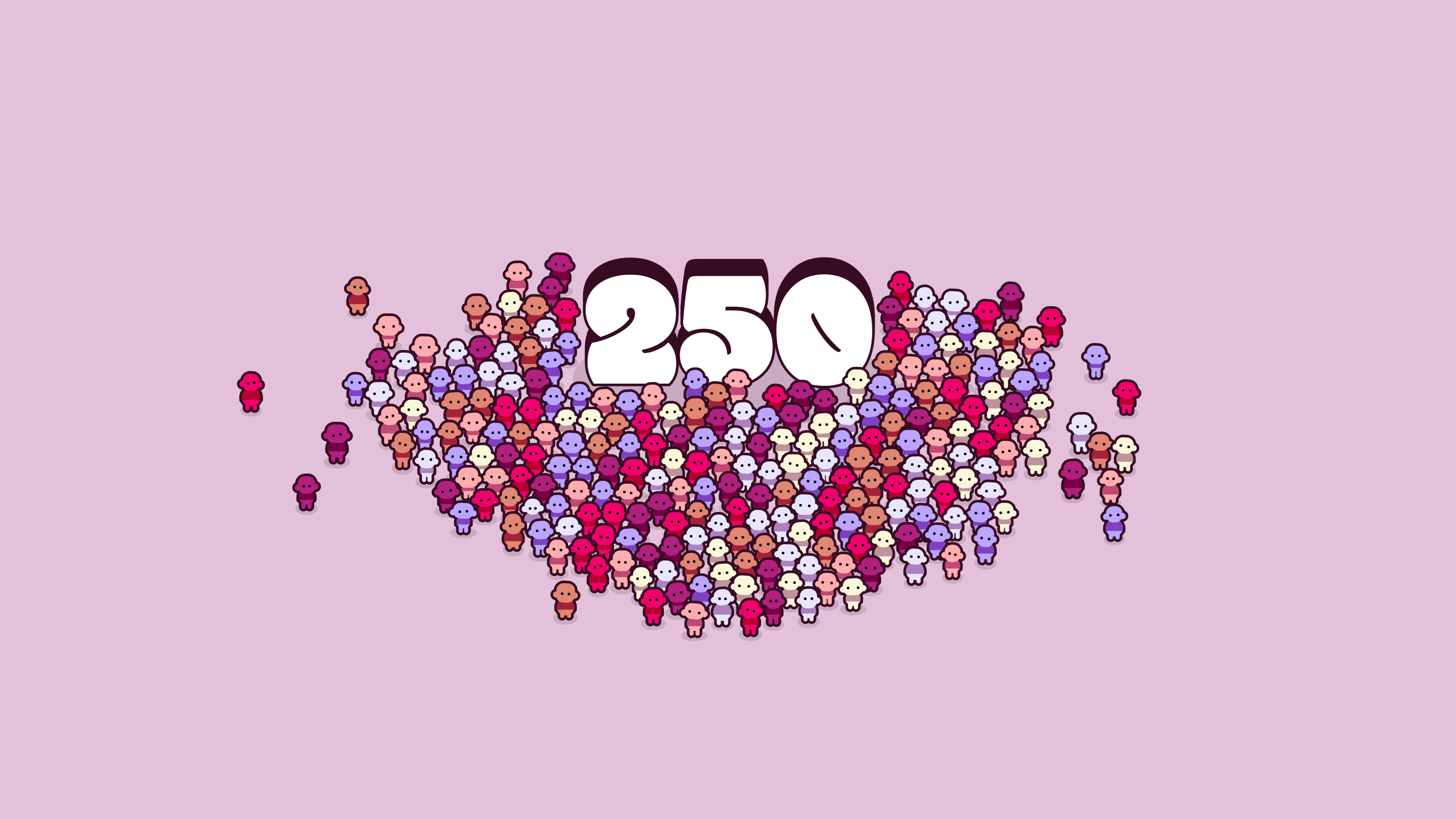 250 in giant white text, with 250 colorful people standing around it