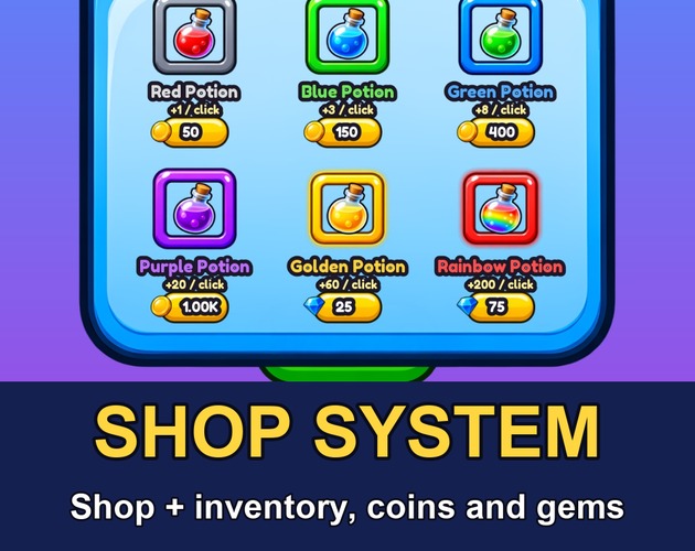 Shop System: Coins & Gems Shop + Inventory UI (Roblox) by AssetsFactory