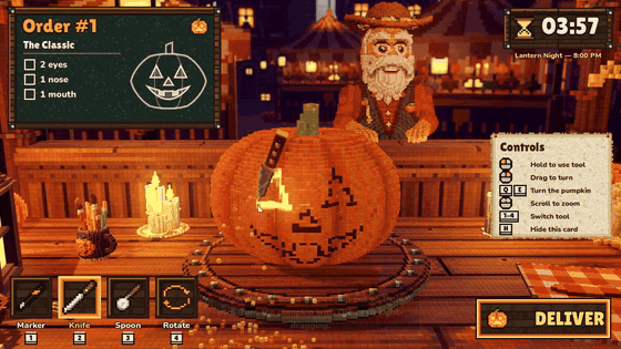 Carving a glowing pumpkin at Old Bento's workshop. English gameplay.