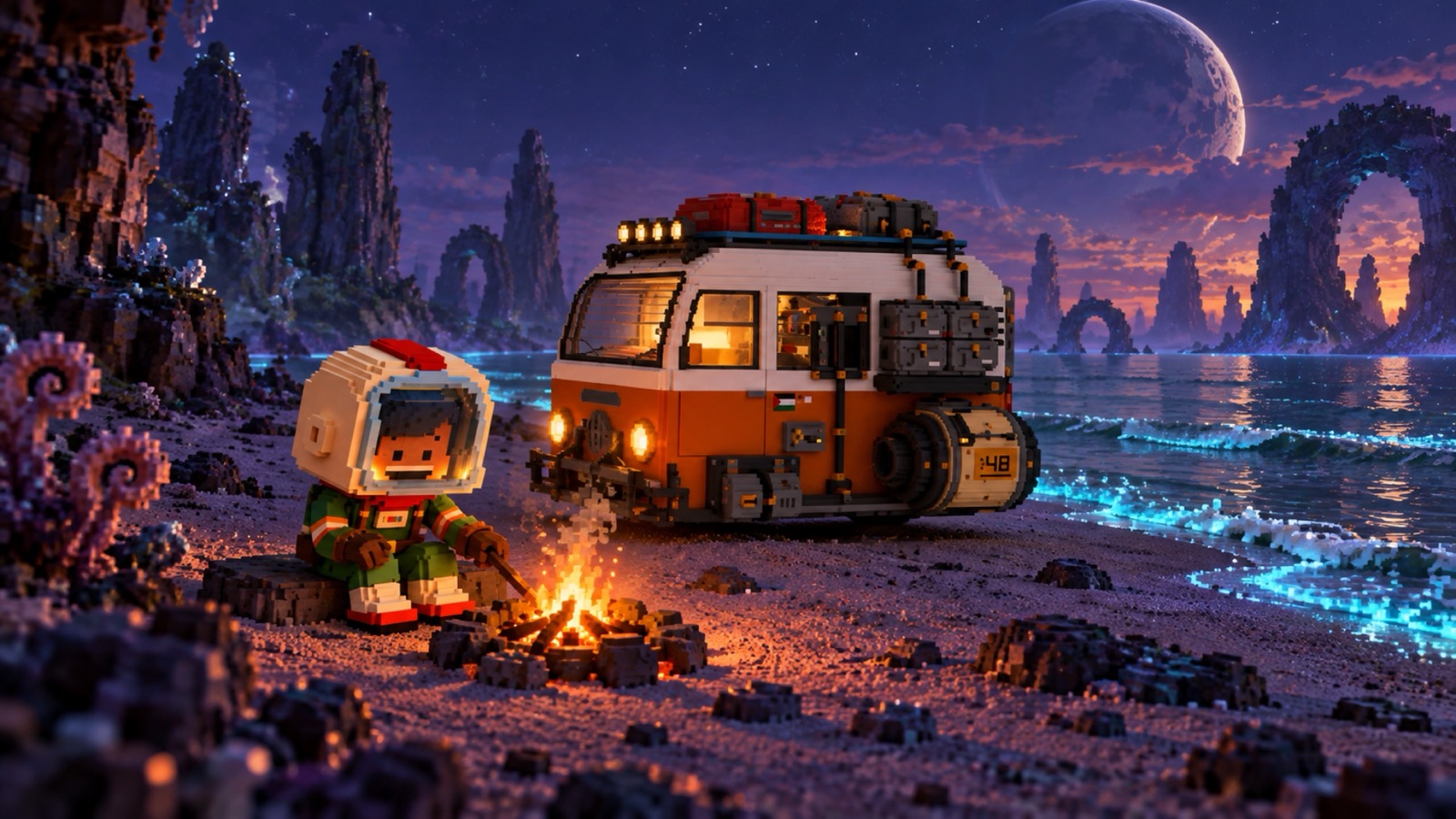 Ramzi by a beach campfire with the Space Bug and an alien moon overhead