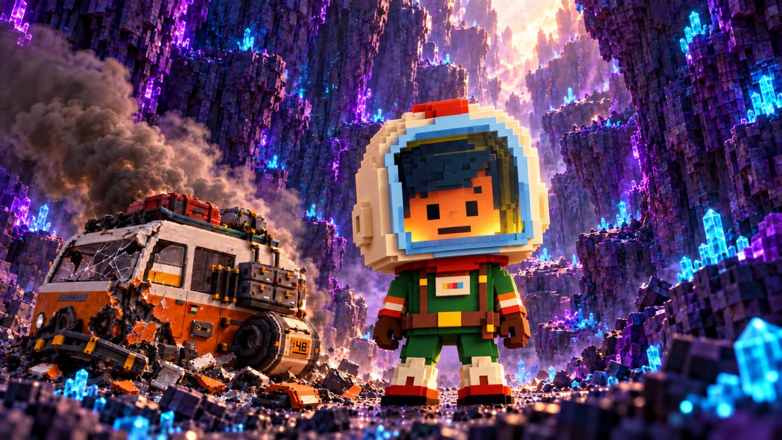 Ramzi facing us in the foreground, with the crashed Space Bug behind him in an alien gorge