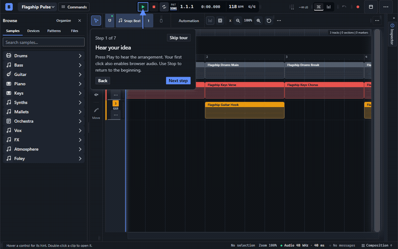 BBeats guided tour: numbered steps and arrows over the real editor