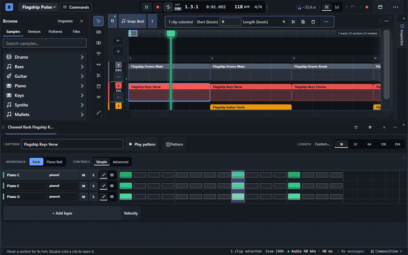 Switching from Channel Rack steps to Piano Roll notes during playback