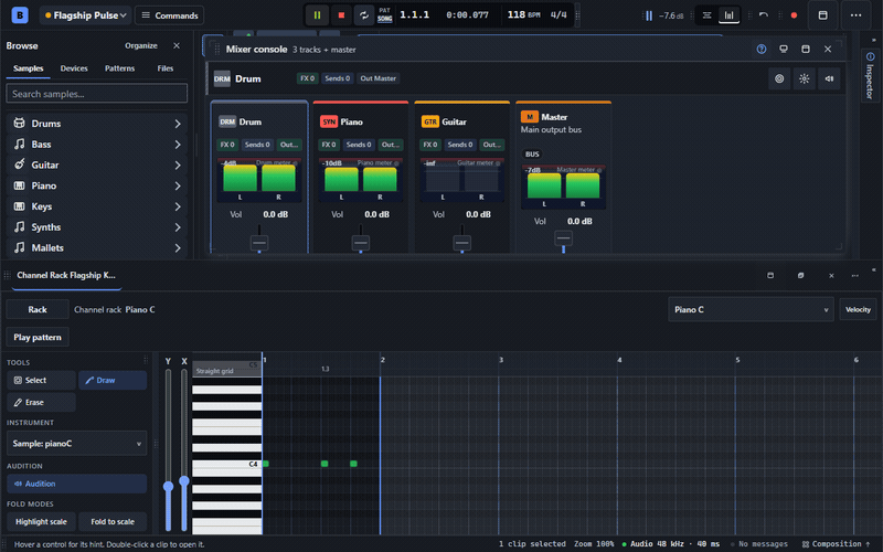 The BBeats mixer plays a demo while its Drum fader is adjusted