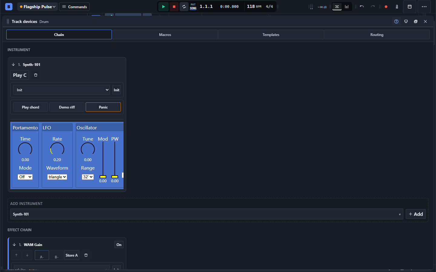 BBeats showcase: Synth-101 browser plugin loaded in the track device rack