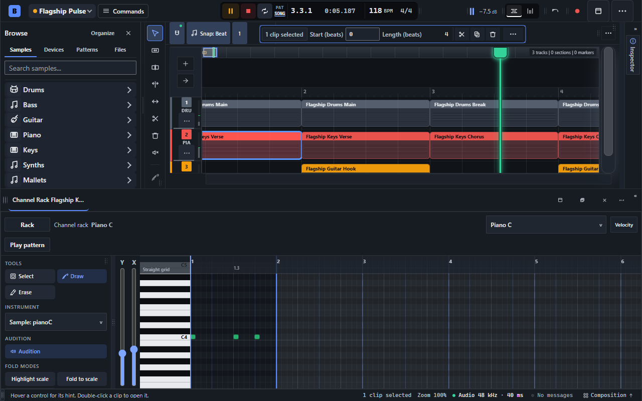 BBeats showcase: Piano Roll notes beneath the multitrack arrangement