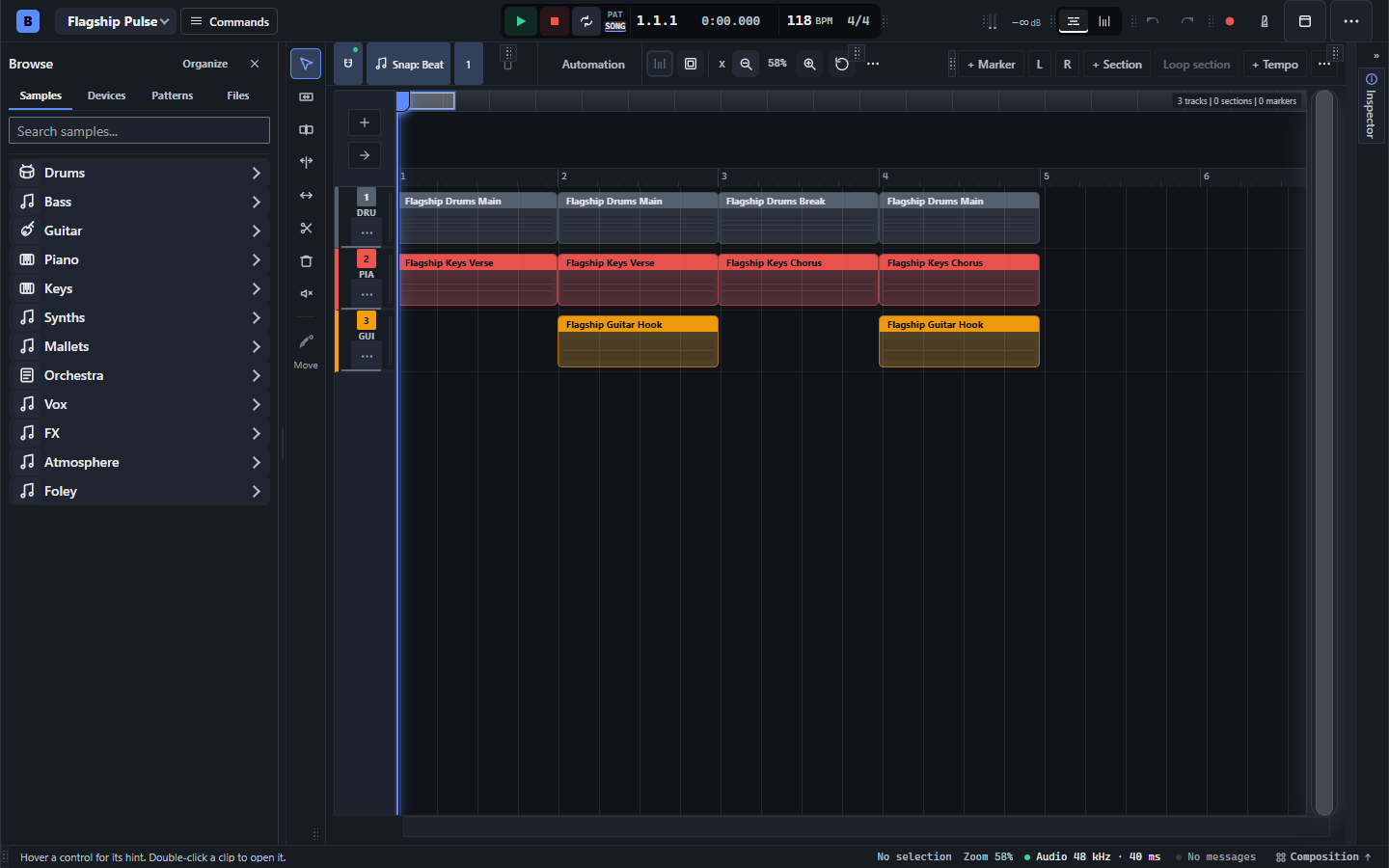 BBeats showcase: multitrack arrangement with drum, piano and guitar patterns