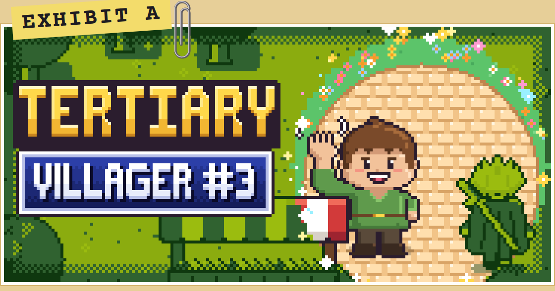 Exhibit A: the Tertiary: Villager #3 logo beside Villager #3, waving in a circle of full color, while the Hero, seen from behind, stays Game Boy green.