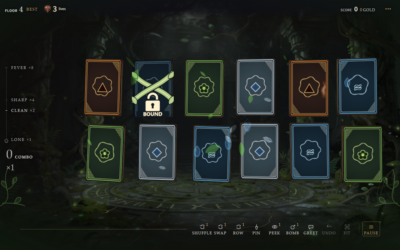 Actual gameplay in the Overgrown Crypt: Grove casts bind cards with vines amid the green dungeon scenery.