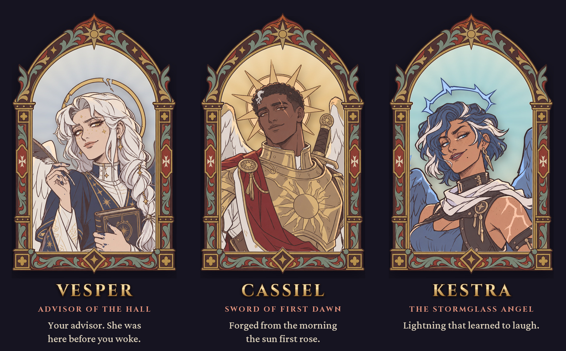 Vesper, Advisor of the Hall. Cassiel, Sword of First Dawn. Kestra, the Stormglass Angel.
