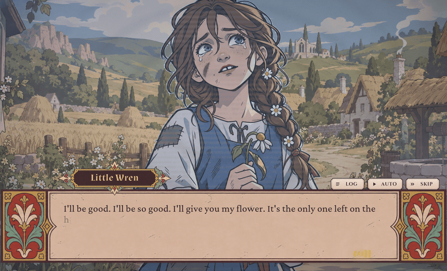 Gameplay: little Wren prays for her mother. You choose to heal her, and she cries with joy.