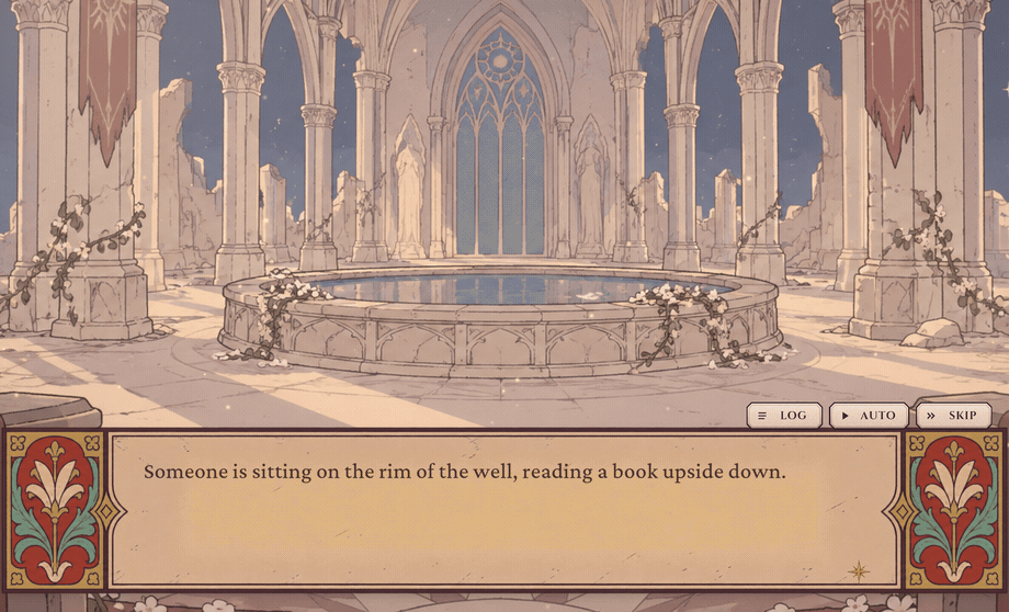 Gameplay: Vesper greets you in the Hall. Hello, little god. Welcome to existence. It is mostly paperwork.