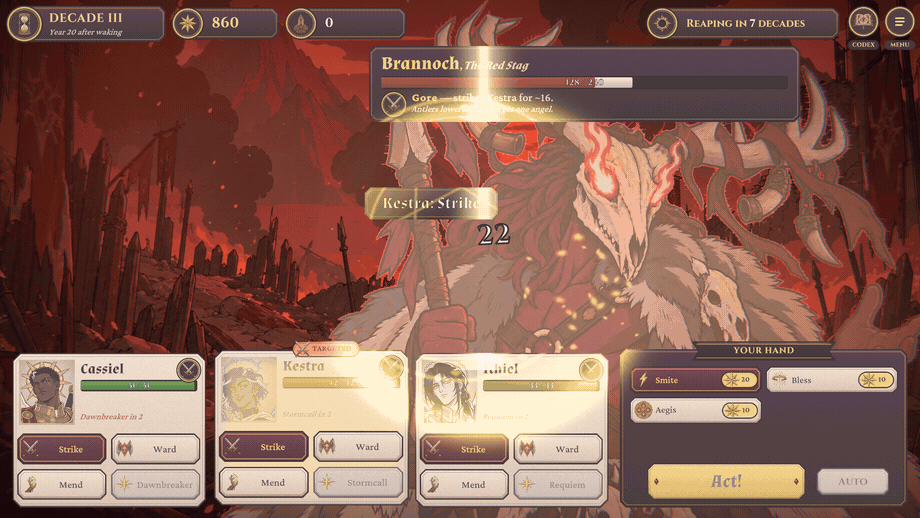 Gameplay: a Divine Clash against Brannoch, the Red Stag. After victory, you choose to devour him.