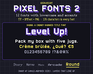 Gridwright Pixel Fonts 2: 12 Pixel Fonts with Accents - Serif, Arcade, Rounded, Narrow (TTF + BMFont)