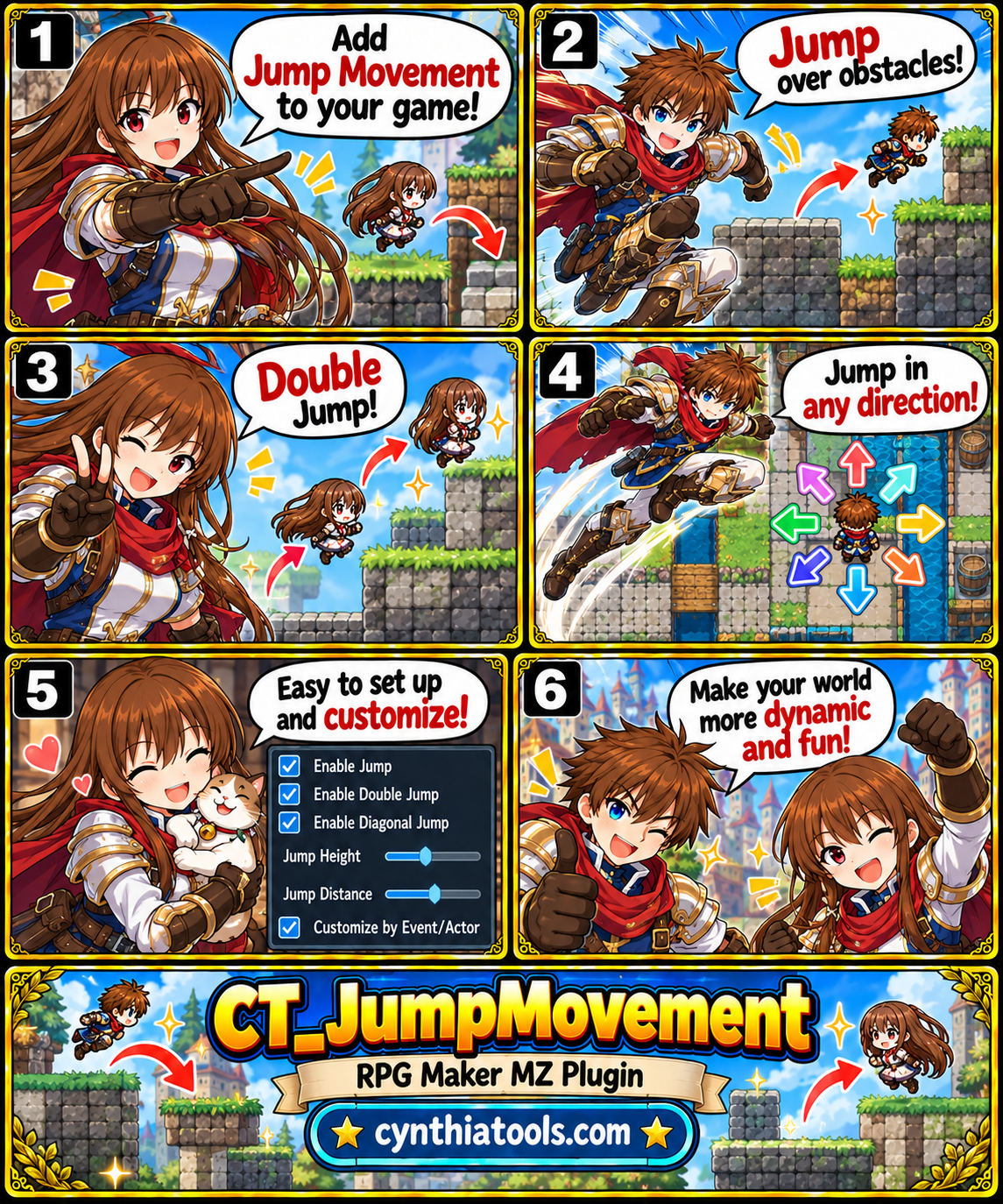 Six-panel anime webcomic featuring Reid and Priscilla demonstrating jump, double jump and diagonal jump movement in RPG Maker MZ, with fantasy maps and directional arrows.