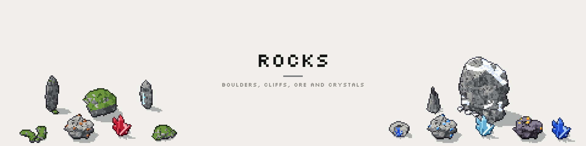ROCKS — Pixel Art Rocks, Ore & Crystals, 24 kinds, 480 sprites