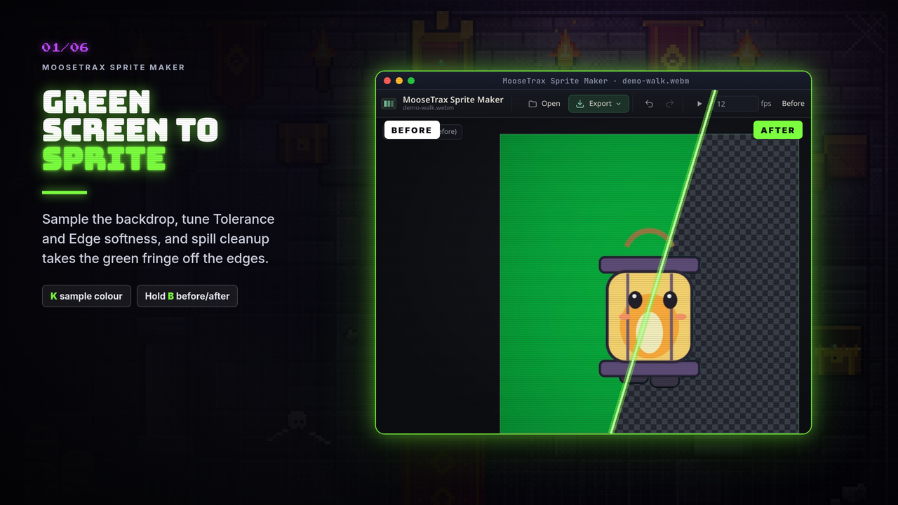 Before and after: the green-screen source frame and the keyed sprite
