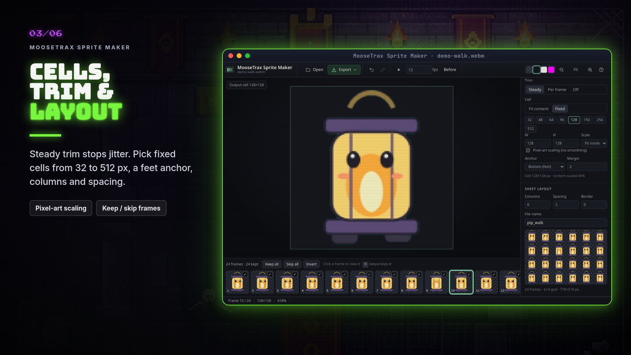 Fixed 128 px cells and sheet layout settings