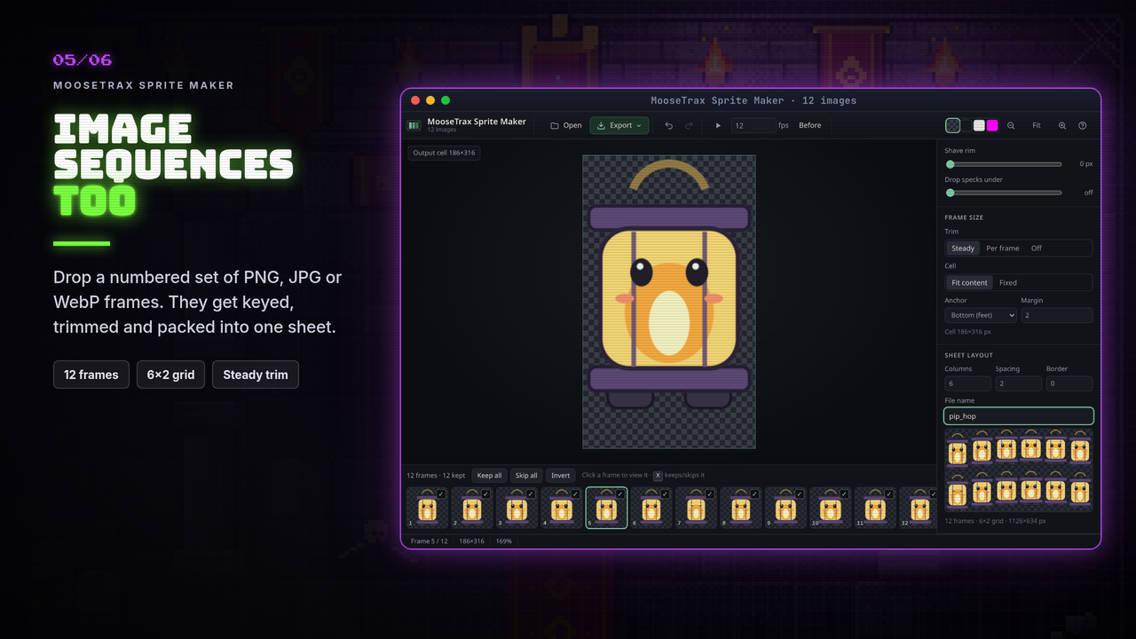 Twelve Pip hop frames loaded as an image sequence and packed into a 6 by 2 sheet