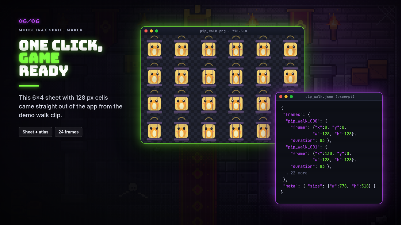A sprite sheet and atlas JSON exported from the demo clip