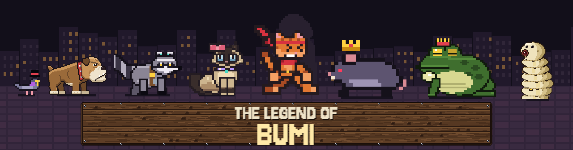 The Legend of Bumi: Bumi and his animal foes in the game's original pixel art