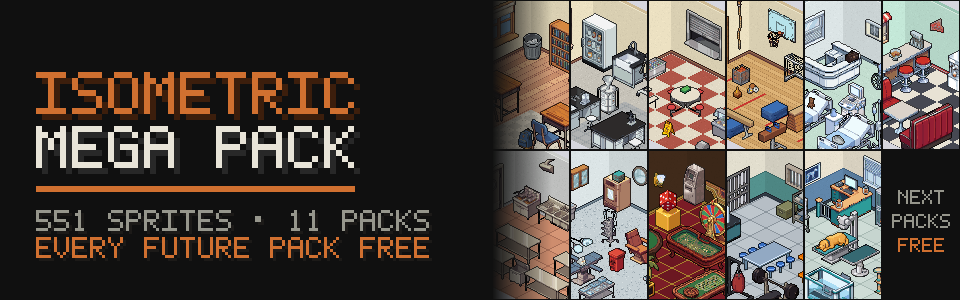 Isometric Interiors Mega Pack: 551 Sprites, All 11 Packs + Future Packs