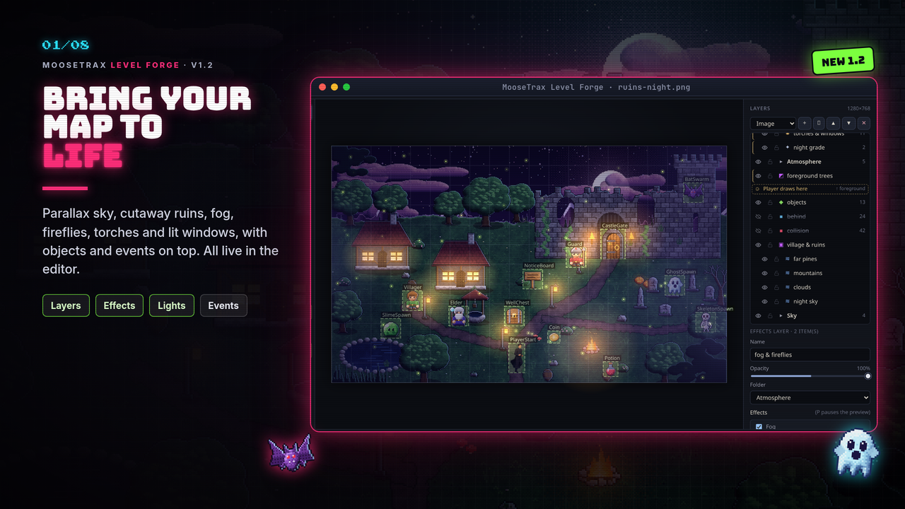 A moonlit pixel-art village under castle ruins, with a parallax sky, fog, fireflies, lit windows and objects, in the Level Forge editor