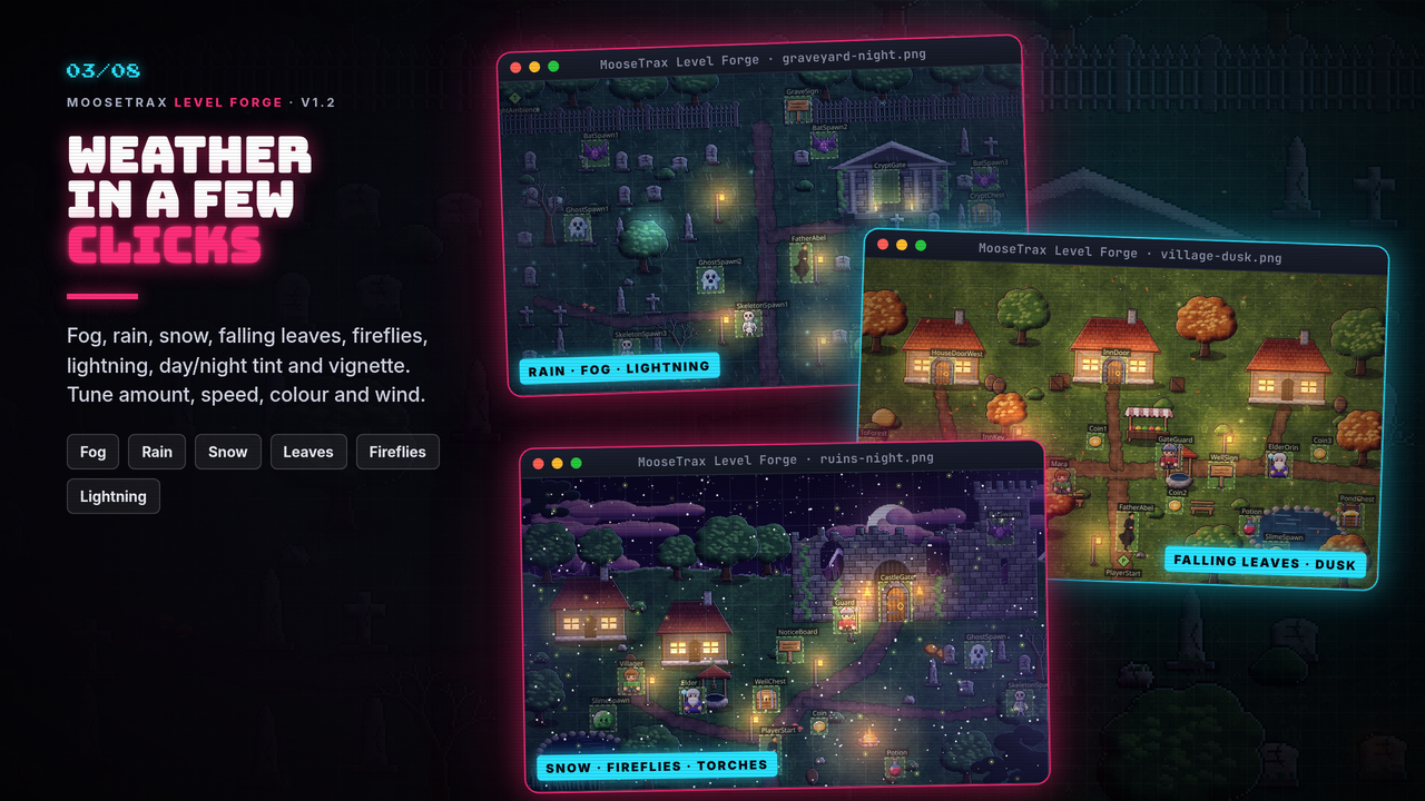 Three maps with effects: rain and fog in a graveyard, falling leaves at dusk in a village, snow over moonlit ruins