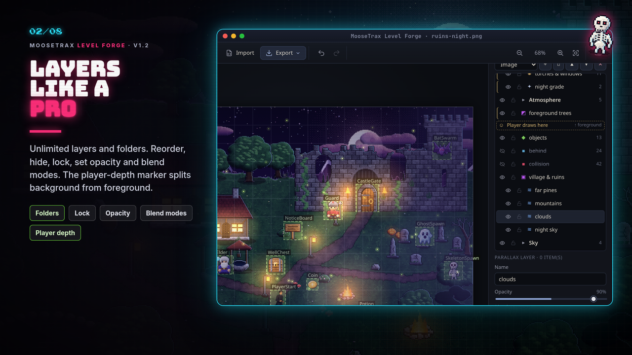 The Layers panel with an Atmosphere folder, rain, fog, lights and parallax layers and the player depth marker