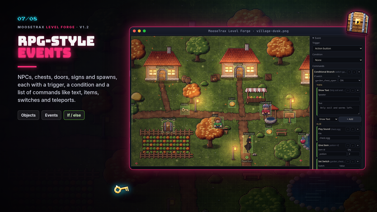 The event editor for a garden chest in a village: action-button trigger and a conditional branch with text, sound, item and switch commands